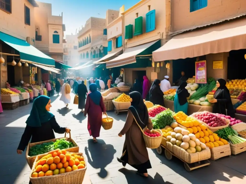 Vida cotidiana de mujeres en un bullicioso mercado de una ciudad del Medio Oriente, con coloridos hijabs y abayas, frutas y conversaciones animadas