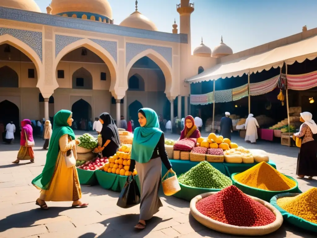 Vida cotidiana de mujeres en coloridos mercados de culturas islámicas