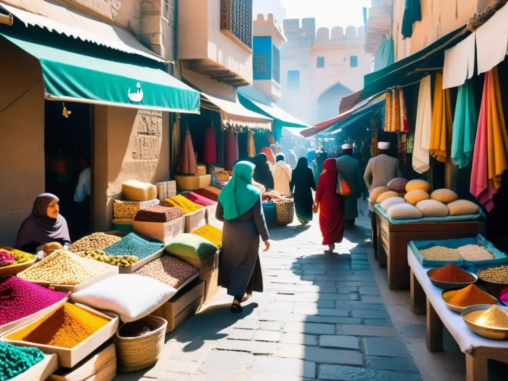 Vida cotidiana mujeres culturas islámicas: Mercado bullicioso con mujeres en hijabs y ropas coloridas, joyas, telas y especias, minaretes al fondo