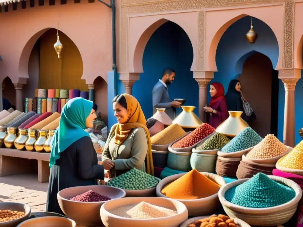 Vida cotidiana mujeres culturas islámicas: Mercado bullicioso en Marrakech con textiles vibrantes, alfarería artesanal y joyería intrincada