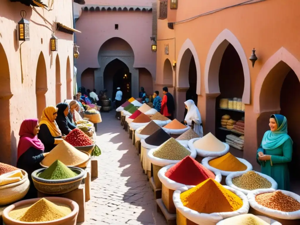 Vida cotidiana mujeres culturas islámicas en el bullicioso zoco de Marrakech, con colores, aromas y tradición