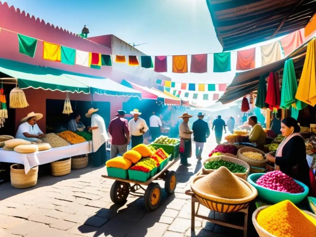 Vida cotidiana: Musulmanes en un bullicioso mercado mexicano, conversando con vendedores locales entre colores vibrantes y sonidos animados