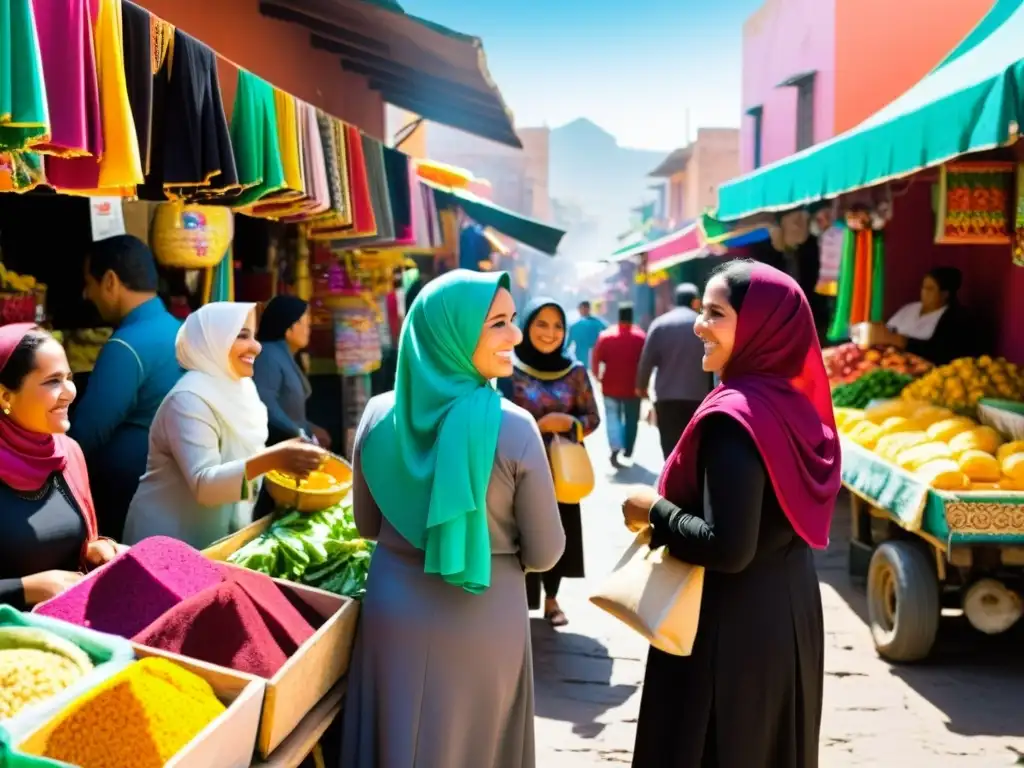 Vida cotidiana musulmanes México: Escena animada de mercado mexicano con mujeres musulmanas integradas, intercambiando sonrisas y productos