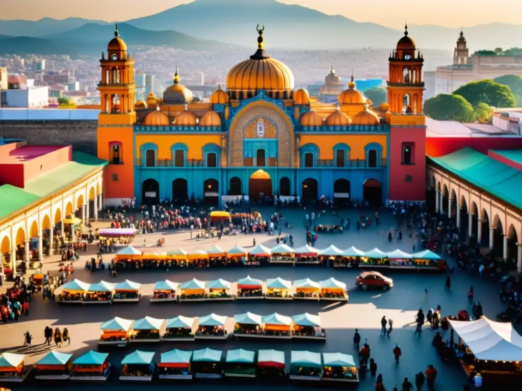 Vida cotidiana musulmanes en México: Mercado bullicioso con colores vibrantes y arquitectura diversa, reflejando la rica convivencia cultural