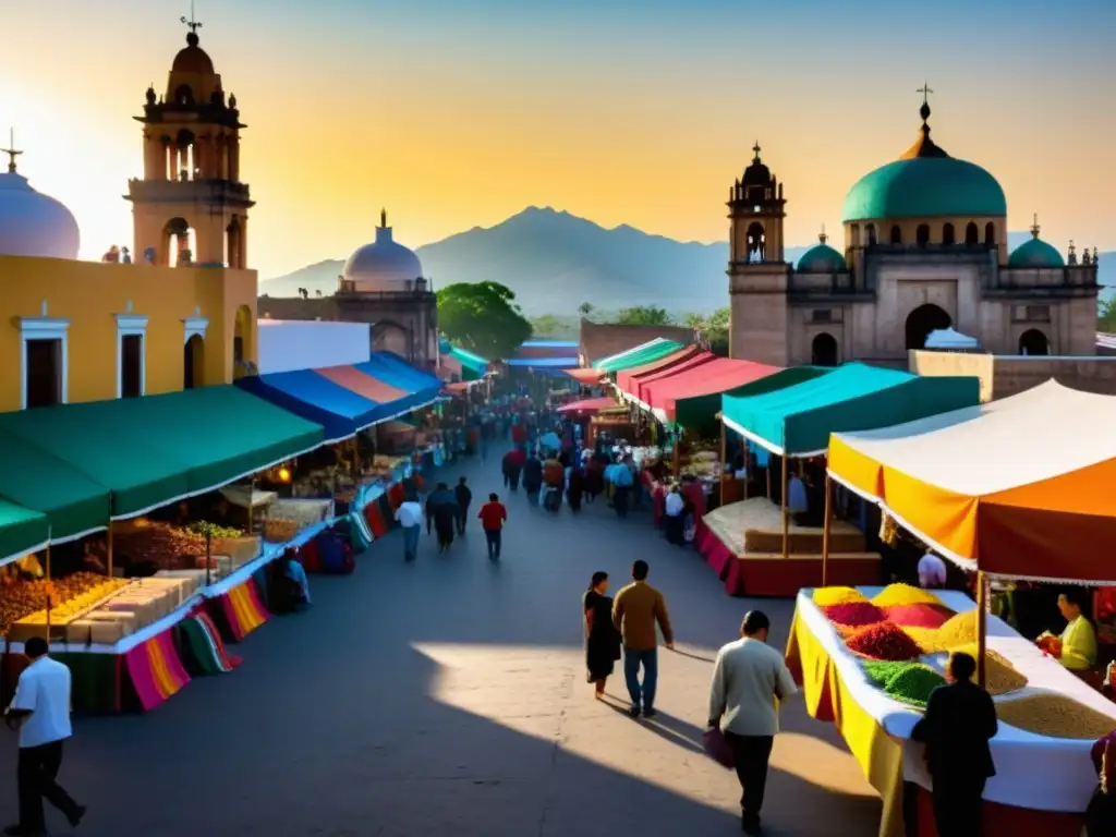 Vida cotidiana musulmanes México: Mercado mexicano bullicioso, gente diversa en actividades diarias, aromas y colores vibrantes