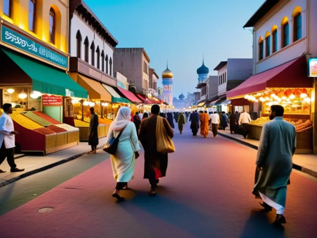 Vida diaria musulmán contemporáneo: Calle bulliciosa al anochecer, luces cálidas, gente en atuendo islámico, aromas y colores vibrantes