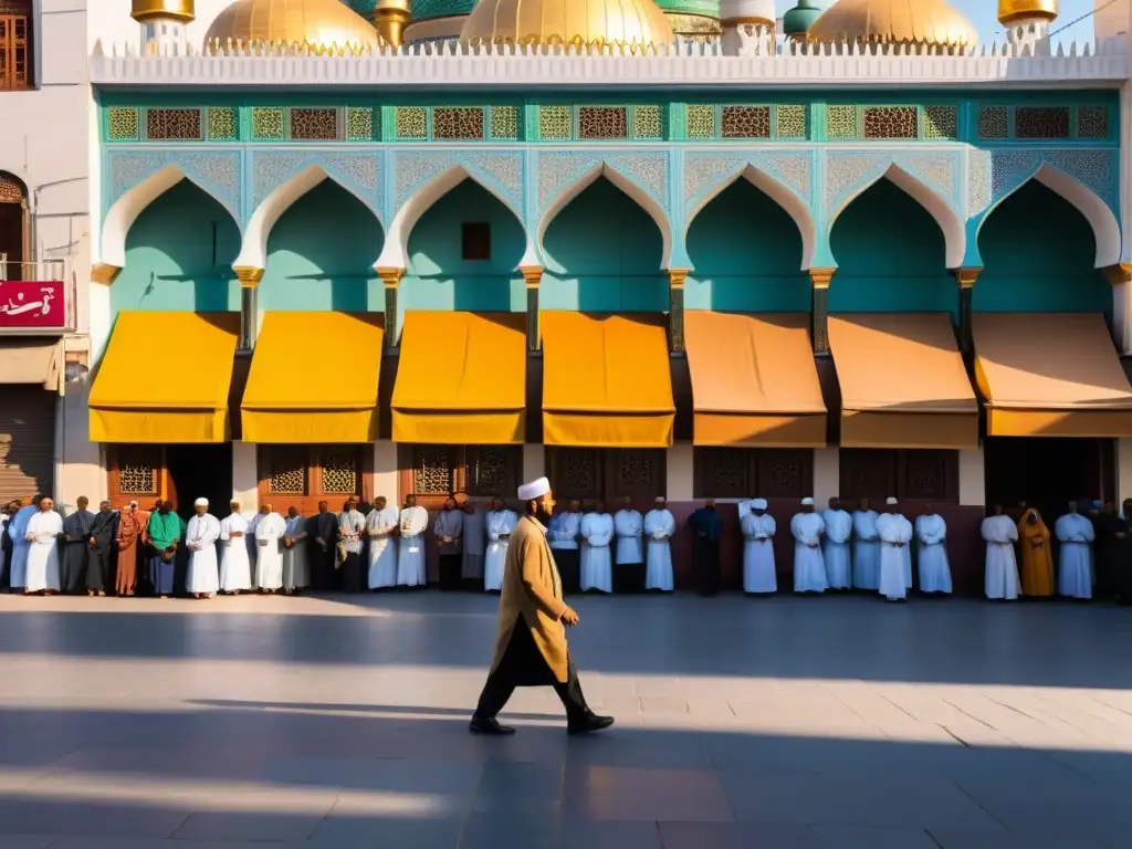 Atardecer dorado: el Adhan resuena en la bulliciosa ciudad Vida urbana bulliciosa con el impacto del Adhan en la vida cotidiana, escena bañada en luz dorada al atardecer