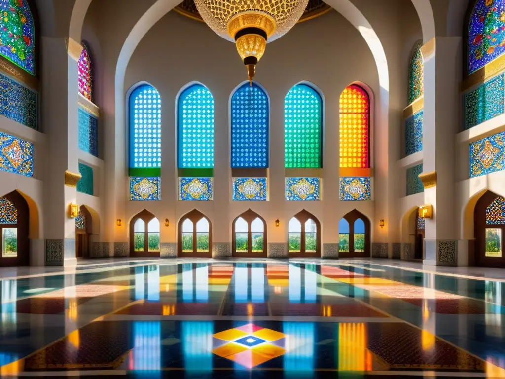 Vidrieras inspiradas en el Islam: impresionante mezquita con coloridos vitrales islámicos, inundada de luz y patrones geométricos