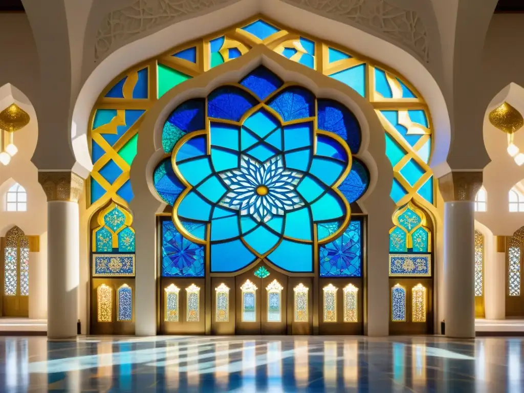 Vidrieras inspiradas en el Islam: impresionante ventana de una mezquita con colores vibrantes y luz solar creando un caleidoscopio de tonos