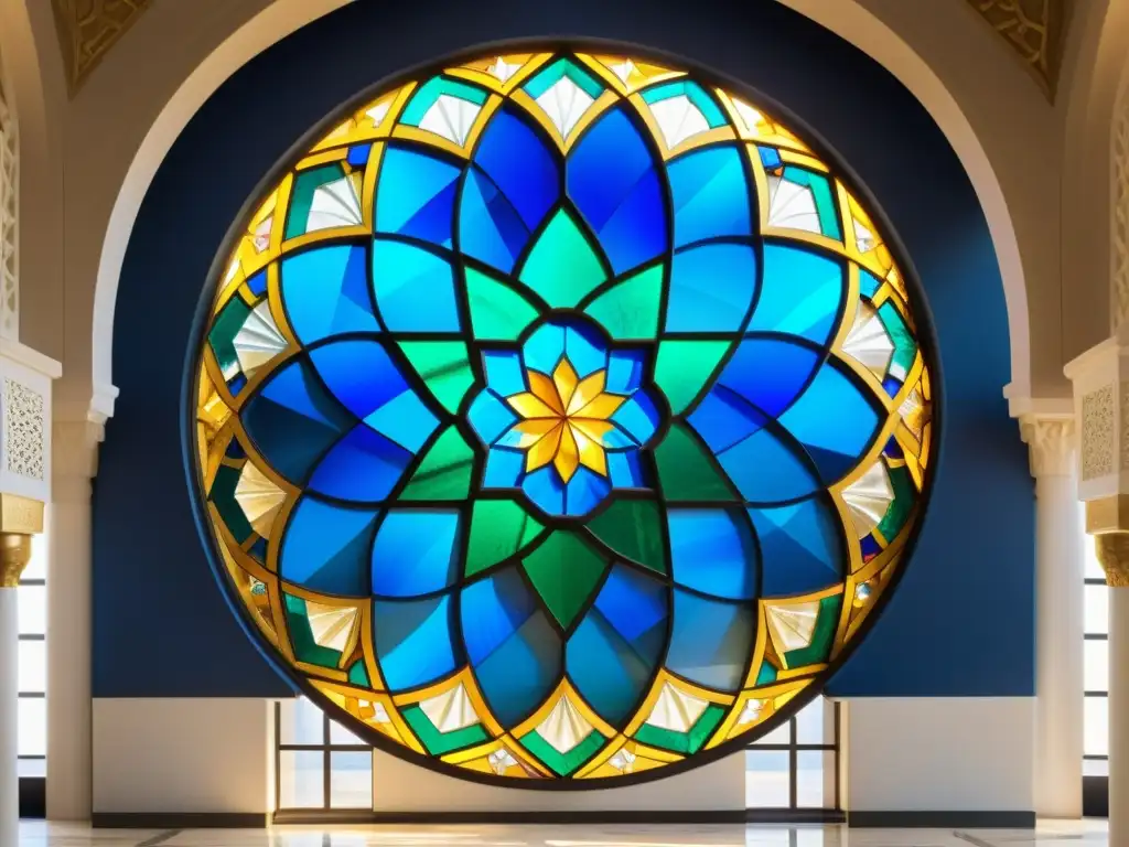 Vidrieras inspiradas en el Islam: ventana de una mezquita con patrón geométrico en tonos sapphire, esmeralda y oro, iluminada por el sol