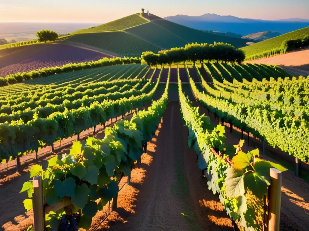 Un viñedo al atardecer con filas de uvas bajo una luz dorada