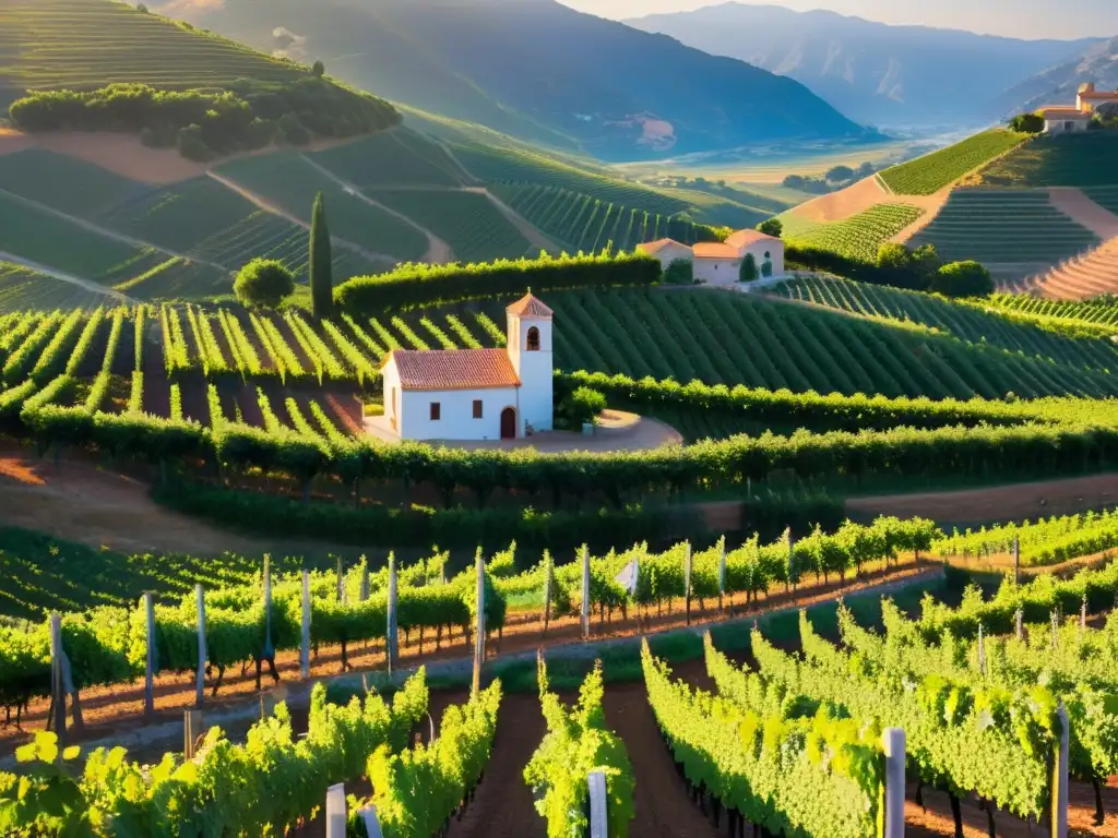 Un viñedo sereno al atardecer con uvas moradas brillantes y una bodega tradicional