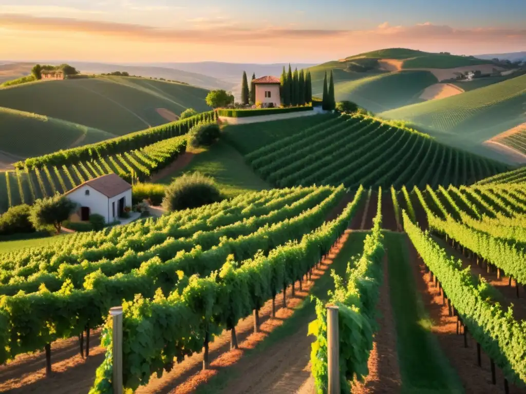 Viñedo sereno al atardecer, con vides verdes y una bodega tradicional