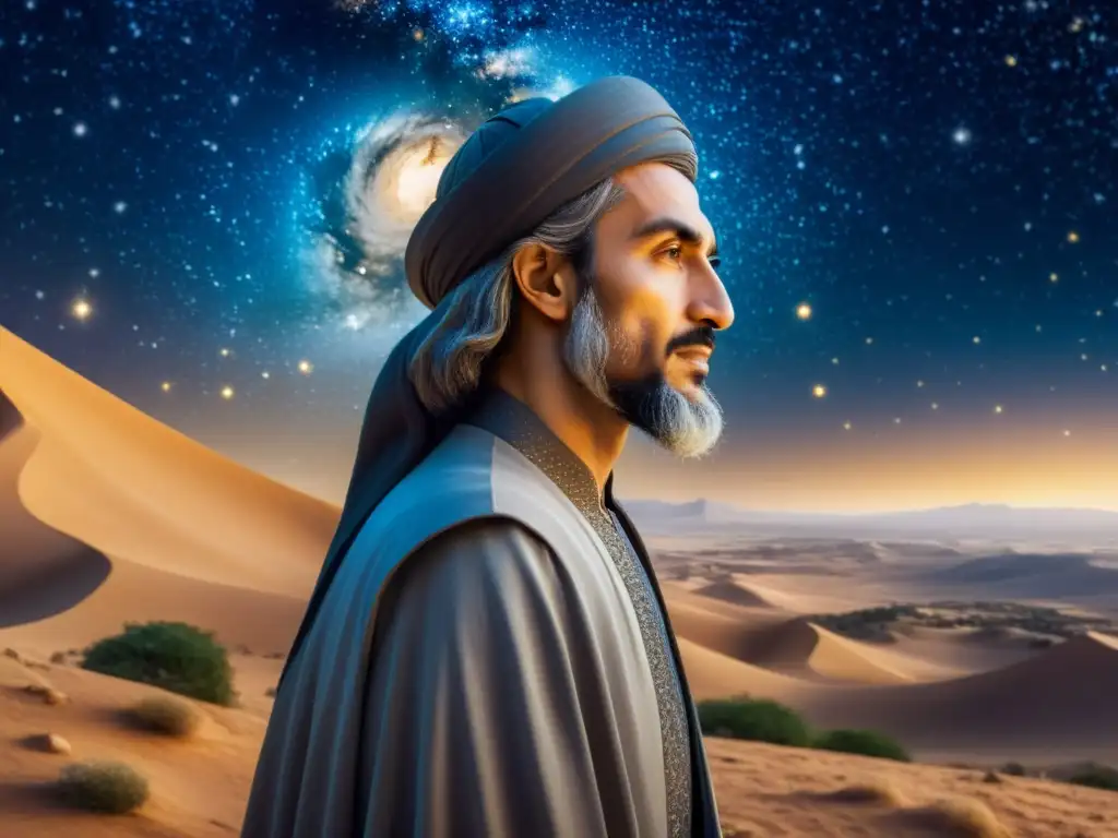 Ibn Sina reflexiona sobre su visión del universo en un paisaje cósmico, evocando asombro y exploración intelectual