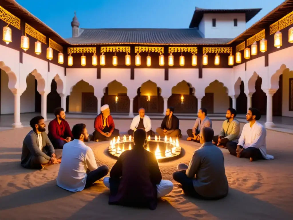 Visitantes absorbiendo la atmósfera de un festival sufí tradicional en el mundo, escuchando música espiritual en un patio iluminado por velas