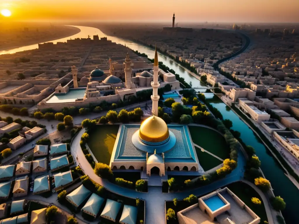 Vista aérea de Bagdad al atardecer con el río Tigris, mezquitas, palacios y mercados iluminados