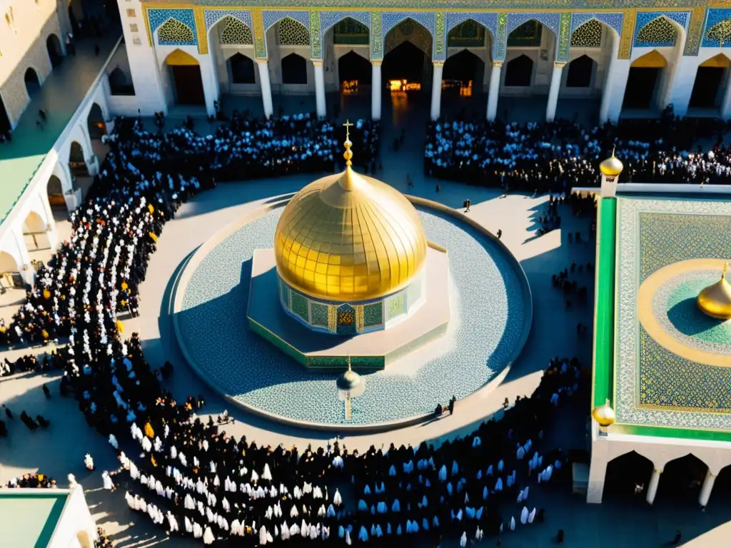 Vista aérea del bullicioso patio del Santuario del Imam Reza en Mashhad, Irán