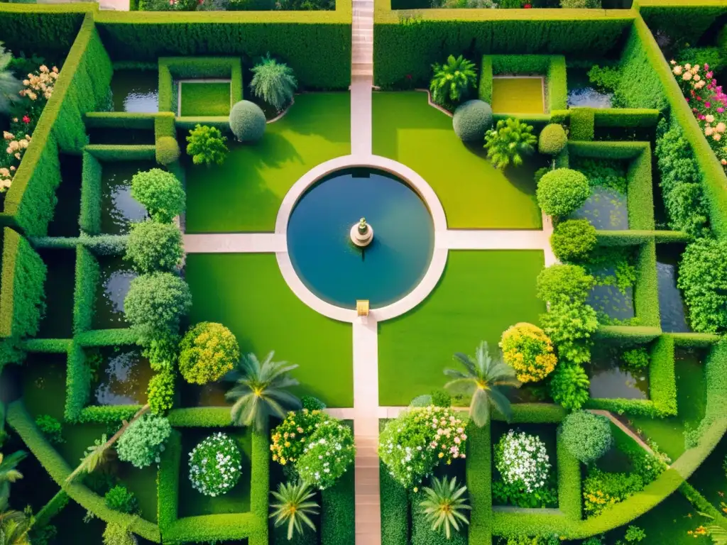 Una vista aérea deslumbrante de los Jardines del AlAndalus, muestra la exquisita arquitectura paisajística islámica de los jardines