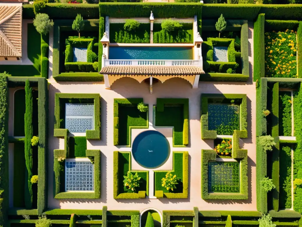 Vista aérea detallada de los exuberantes Jardines de AlAndalus, España musulmana, en la Alhambra de Granada