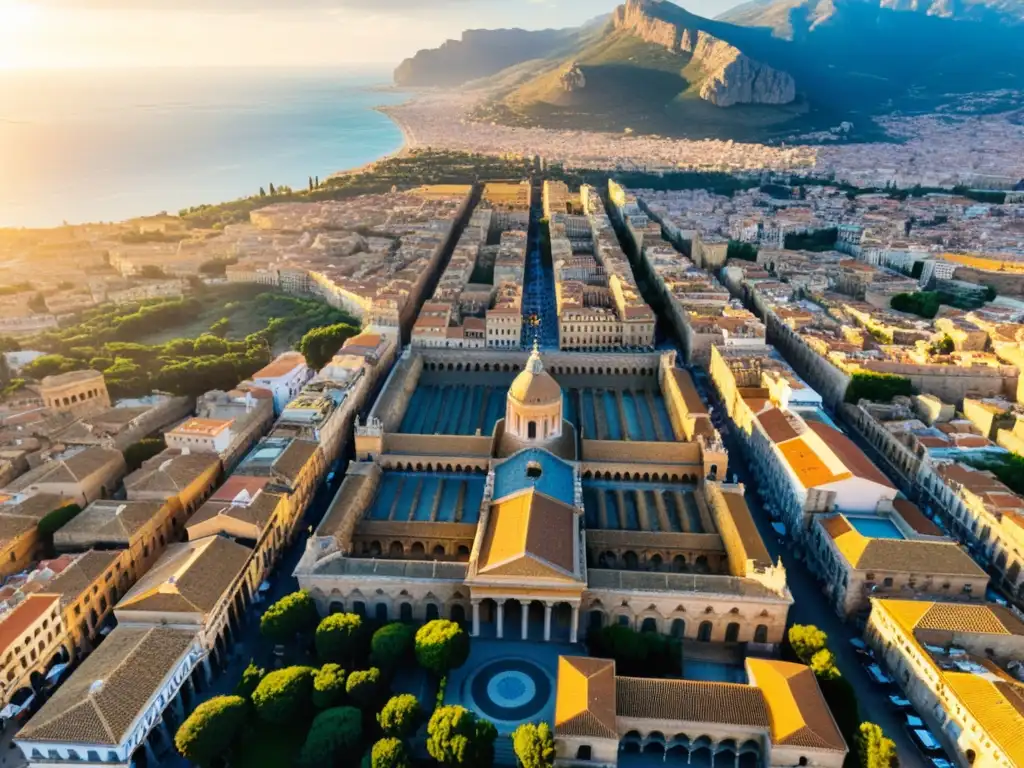 Vista aérea dorada de Palermo, Sicilia, fusionando el legado moro con la arquitectura histórica y la vida vibrante de la ciudad