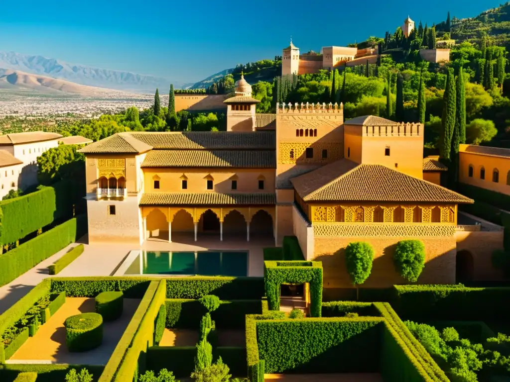 Vista aérea impresionante de la Alhambra, con sus patrones geométricos y detalles arquitectónicos iluminados por el cálido sol