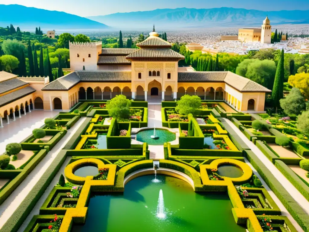 Una vista aérea impresionante de la Alhambra y sus jardines islámicos en Al-Ándalus