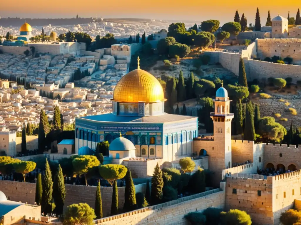 Vista aérea impresionante de Jerusalén al atardecer con la Importancia simbólica Jerusalén para musulmanes