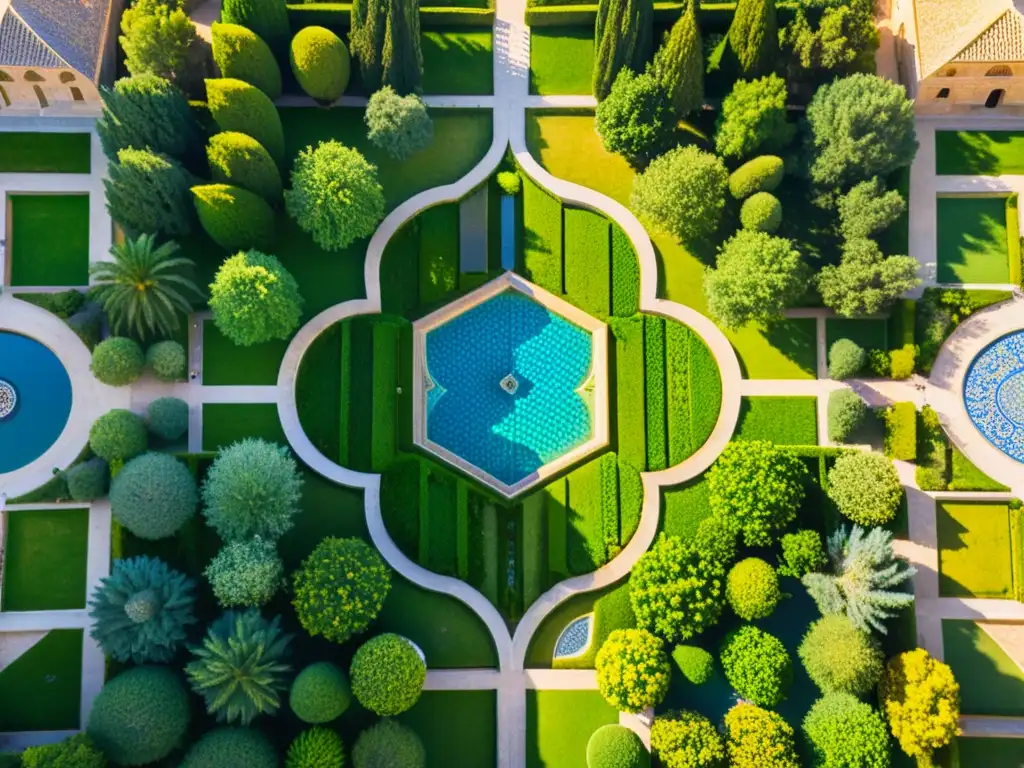 Una vista aérea impresionante de los intrincados jardines geométricos que rodean la Mezquita Shah en Isfahán, Irán