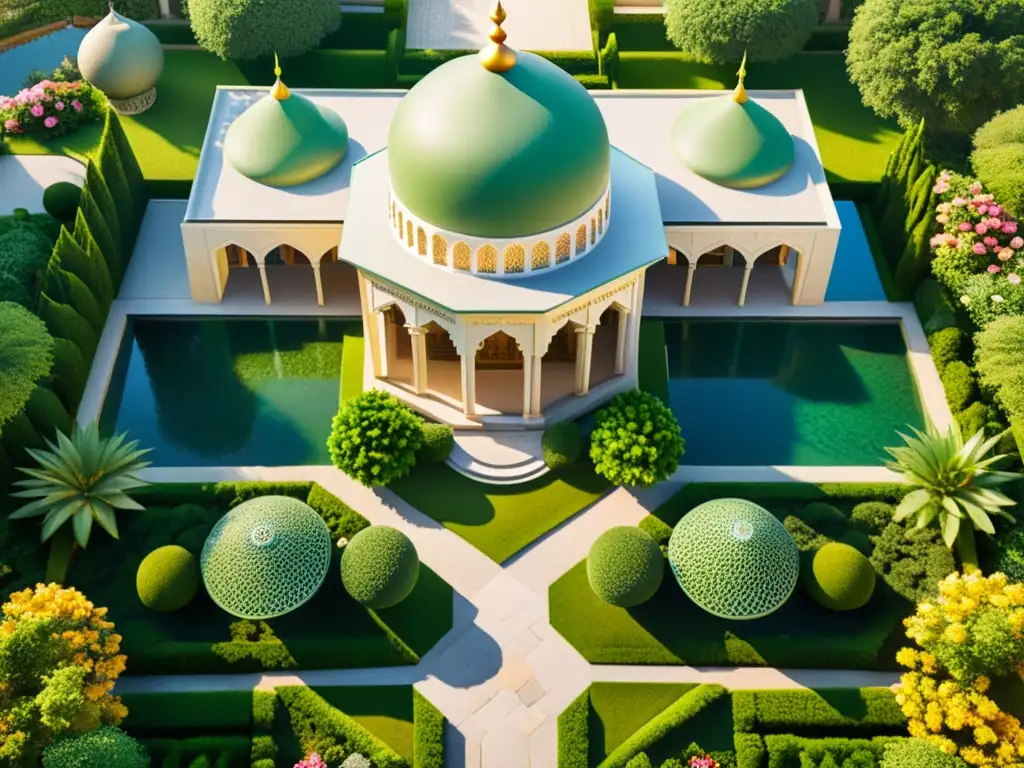 Jardín islámico: armonía natural y diseño cautivador Vista aérea impresionante de un jardín islámico con patrones geométricos, vegetación exuberante y arquitectura de una mezquita