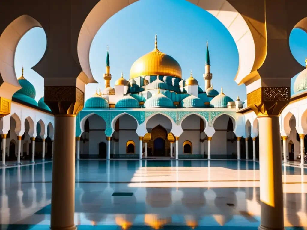 Vista aérea impresionante de una mezquita islámica con simbolismo de iluminación y detalles arquitectónicos ornamentados