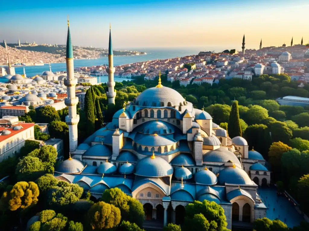 Vista aérea de la impresionante Mezquita Azul en Estambul, Turquía, bañada por la cálida luz del atardecer