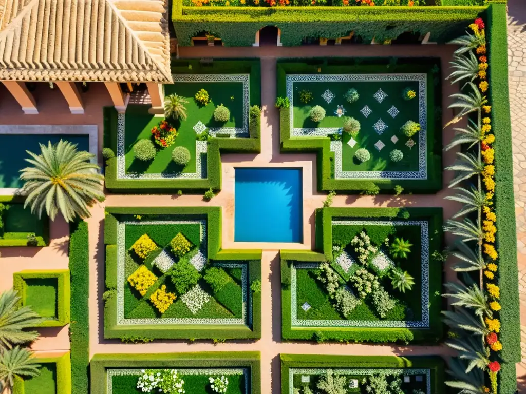 Vista aérea impresionante del Palacio de la Bahía en Marrakech, con mosaicos, jardines exuberantes y arquitectura palaciega marroquí