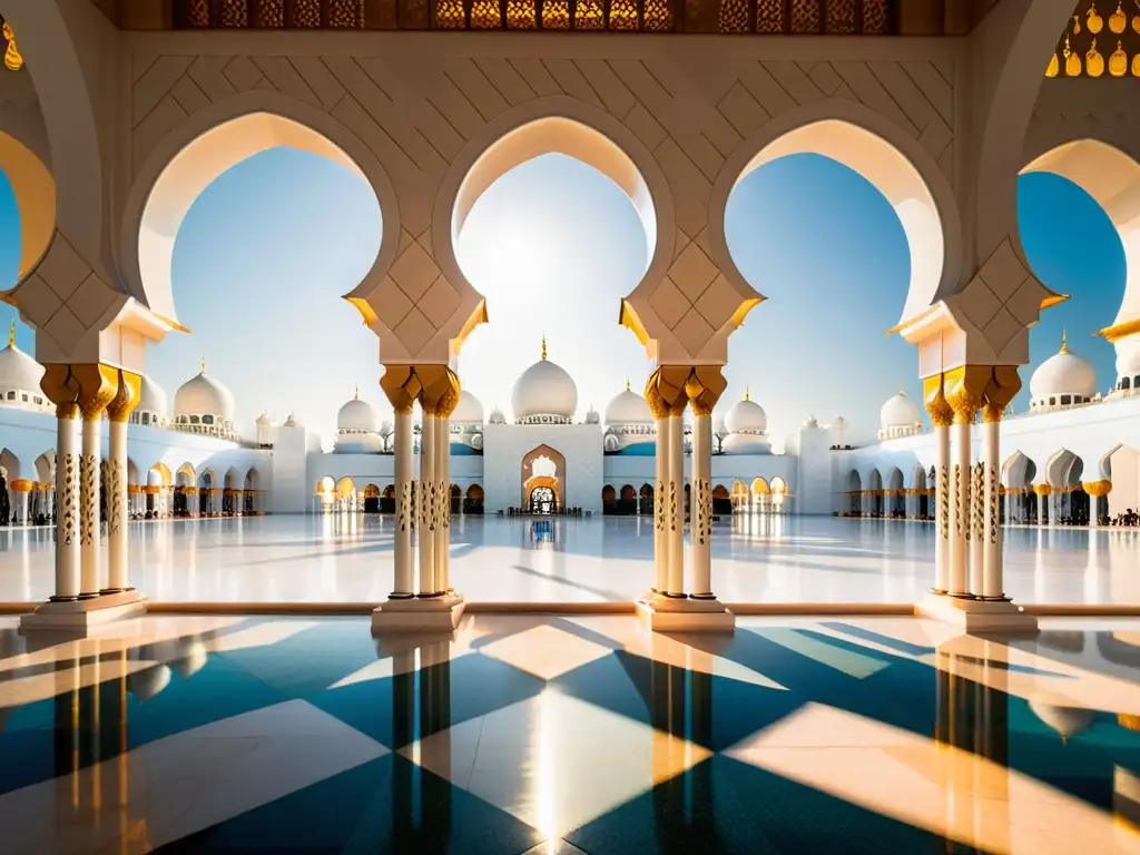 Una vista aérea impresionante de patrones geométricos y arcos simétricos en la sala de oración de la Mezquita Sheikh Zayed