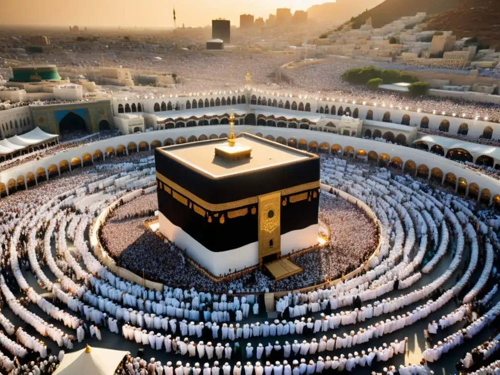 Vista aérea impresionante del peregrinaje Hajj en La Meca, con la multitud blanca rodeando la Kaaba, el sol iluminando la escena