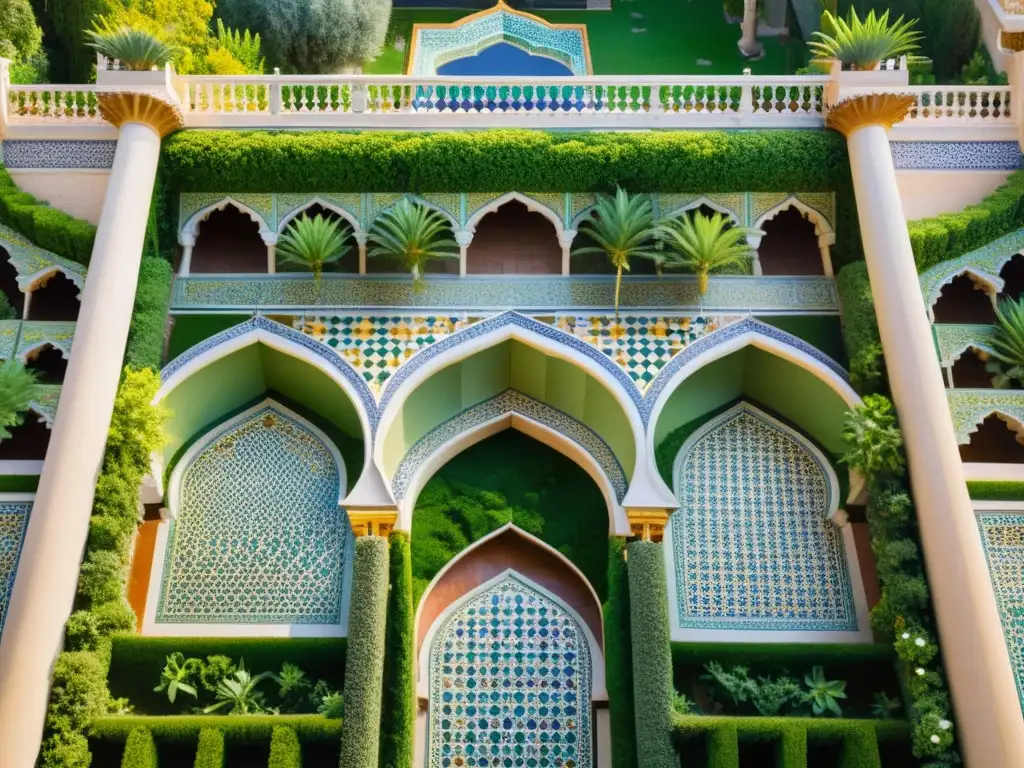 Vista aérea de un jardín islámico con diseño geométrico de exuberante vegetación y coloridas flores, reflejando la filosofía de diseño jardines islámicos