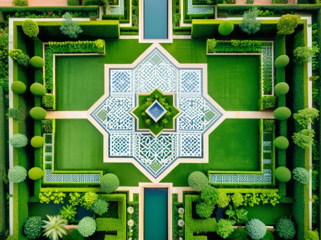 Vista aérea de jardín islámico con geometría sagrada, senderos y vegetación