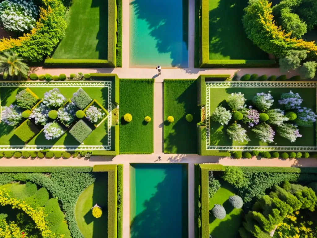 Vista aérea de un jardín islámico con significado espiritual en sus formas y diseño geométrico, rodeado de exuberante vegetación y caminos simétricos