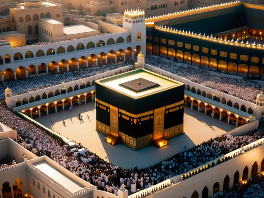 Vista aérea de la Kaaba al atardecer en Mecca, una guía espiritual para viajero no musulmán