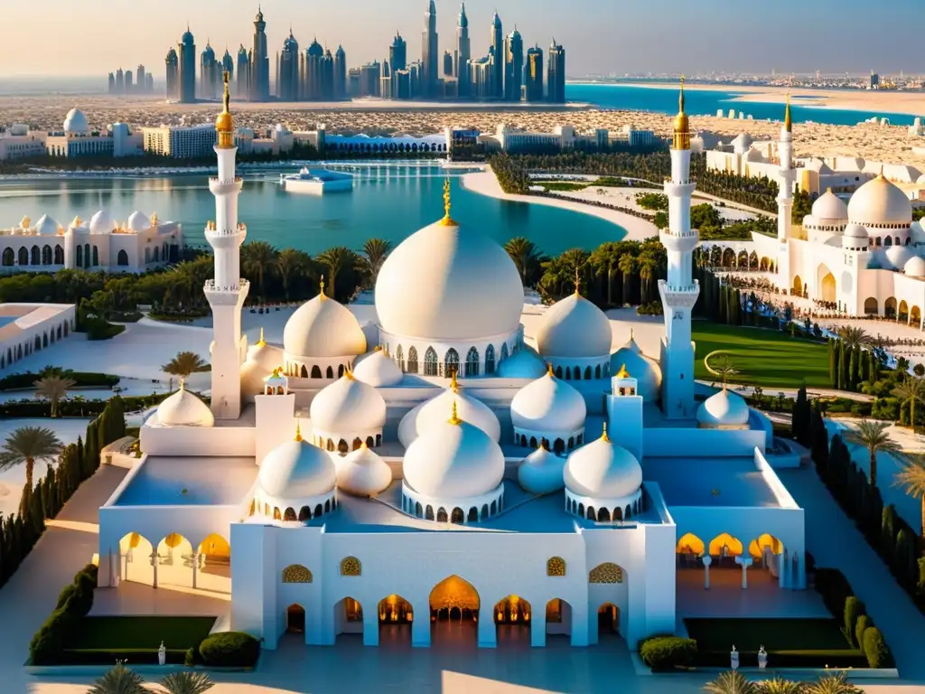 Vista aérea de la majestuosa Mezquita Sheikh Zayed en Dubái, con la moderna ciudad de fondo