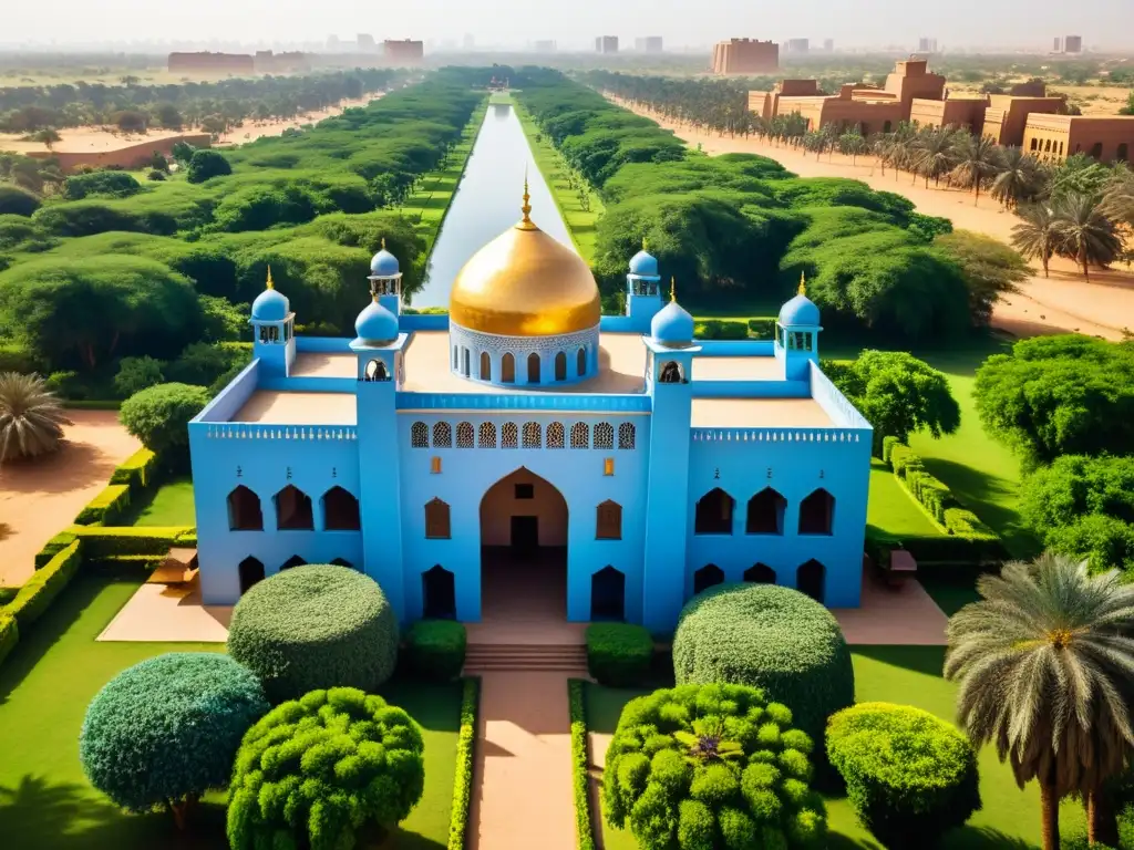 Vista aérea majestuosa del Palacio de Sudán resaltando su esplendor islámico en medio de exuberantes jardines y agua reluciente