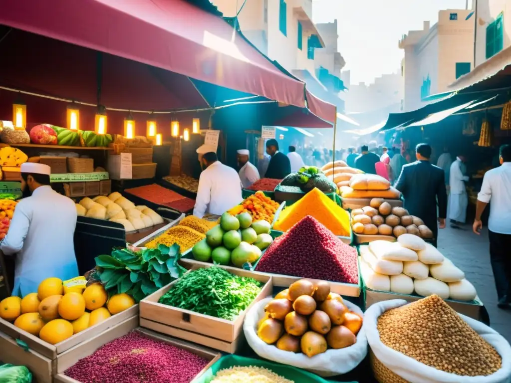 Vista animada de un bullicioso mercado al aire libre en el Medio Oriente, con puestos de frutas, especias y platos Halal