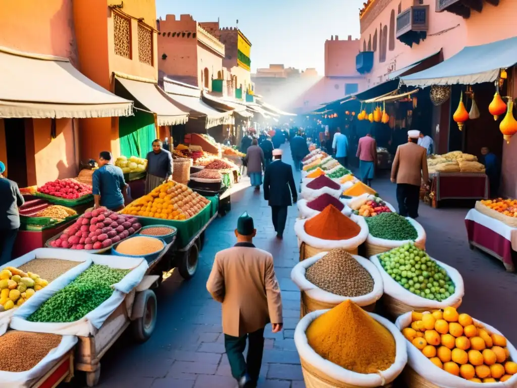 Vista animada de un bullicioso mercado en Marrakech, con puestos de frutas, especias y delicias marroquíes