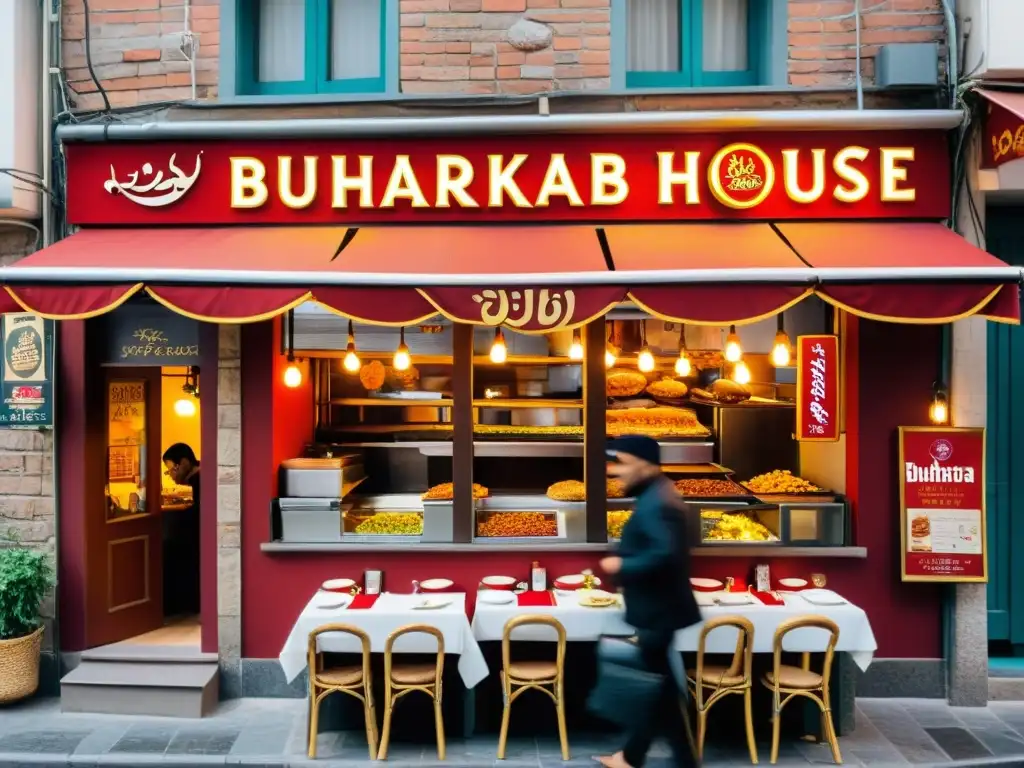 Vista animada del Buhara Kebab House en Estambul, con gente en la calle