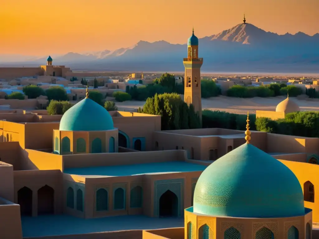 Vista al atardecer de la antigua Ciudad del Fuego Sagrado Yazd, con sus icónicas torres de viento y cúpulas proyectando sombras en el paisaje desértico