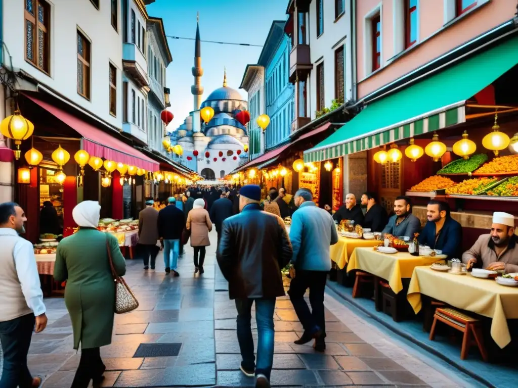 Vista bulliciosa de restaurantes tradicionales turcos en Istanbul con opciones halal y vegetarianas