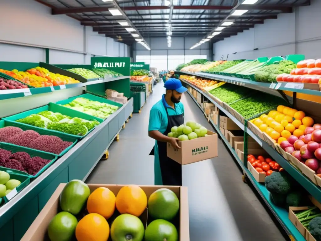 Vista de una bulliciosa tienda online de alimentos Halal con frutas, verduras y carnes coloridas y de alta calidad