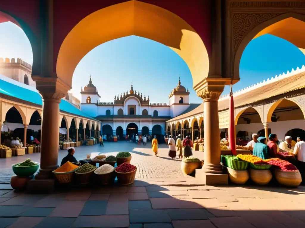 Vista del bullicioso mercado de una ciudad Selyúcida, con arquitectura detallada y colores vibrantes