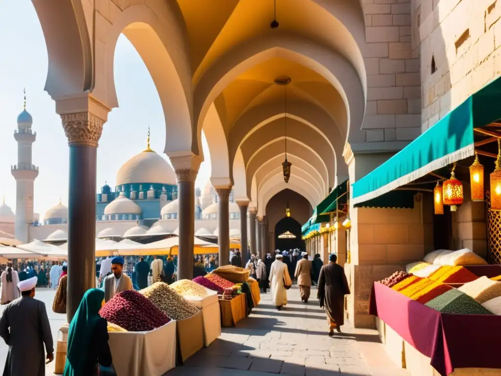 Vista de un bullicioso mercado en una ciudad islámica histórica, con colores vibrantes y arquitectura intrincada