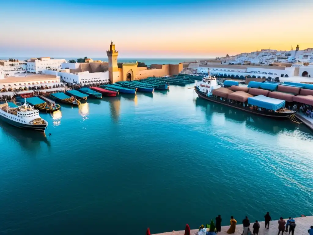 Vista del bullicioso puerto de Tánger al atardecer, con barcos de colores y mercaderes