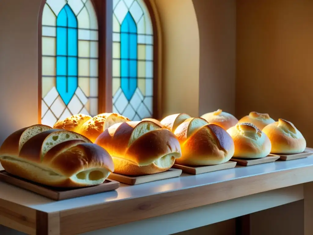 Vista cálida de una panadería musulmana con una variedad de pan recién horneado en platos y bandejas decorativas